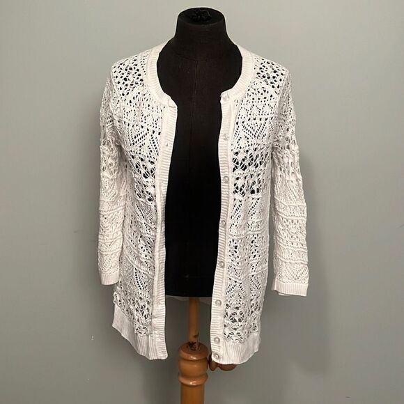 VanHeusen Women's Ivory Crochet Open Stitch Button Front Cardigan Sweater - Picture 1 of 6
